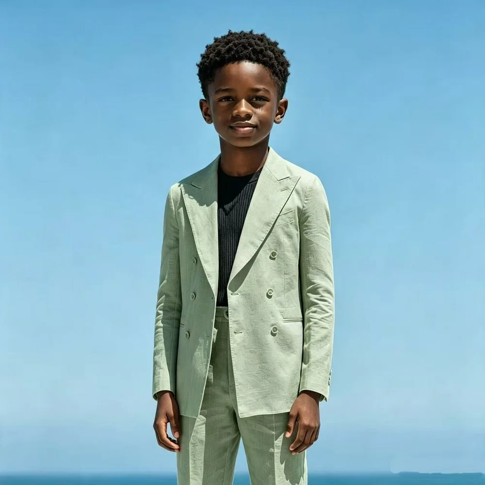 Double Breasted Linen Boys Summer Beach Suit 2 Pieces Slim Fit Kids Wedding Tuxedo Jacket Pants Child Outfit for Holiday Party