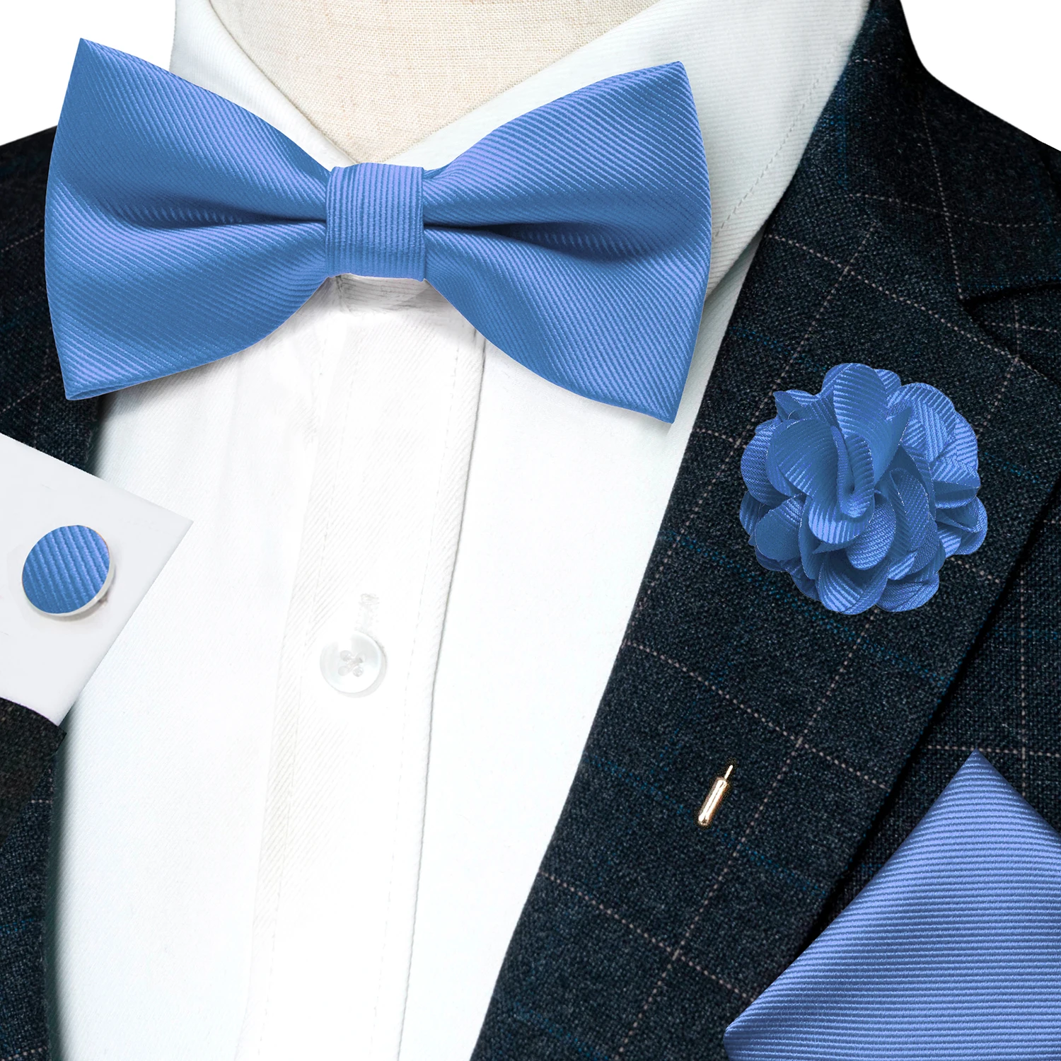 Hochzeits-Fliege für Herren, einfarbig rosa, vorgebundene Fliege, Einstecktuch, Manschettenknöpfe, Corsage-Set, Party, Business, Seiden-Schmetterlingsknoten, Geschenk – Detail 9