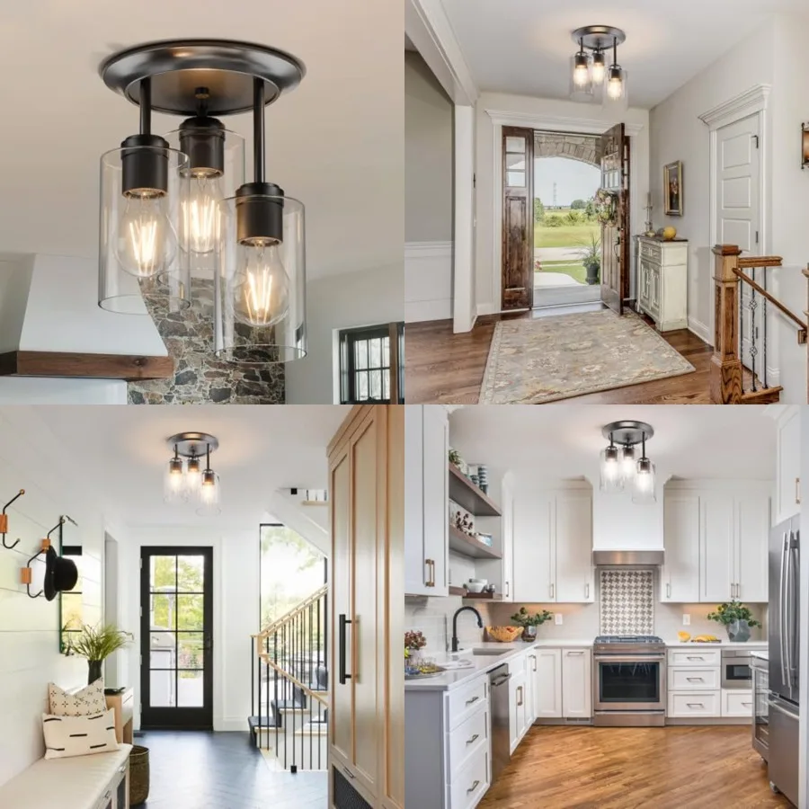 3-Lights Semi Flush Mount Ceiling Light Fixture, Matte Light Fixtures, Ceiling Light for Kitchen, Foyer, Entryway, Farmhouse, H