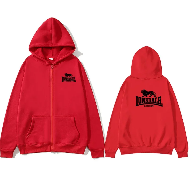 LONSDALE-Sudadera con capucha y cremallera para hombre y mujer, suéter holgado de manga larga con estampado, estilo perezoso, pr