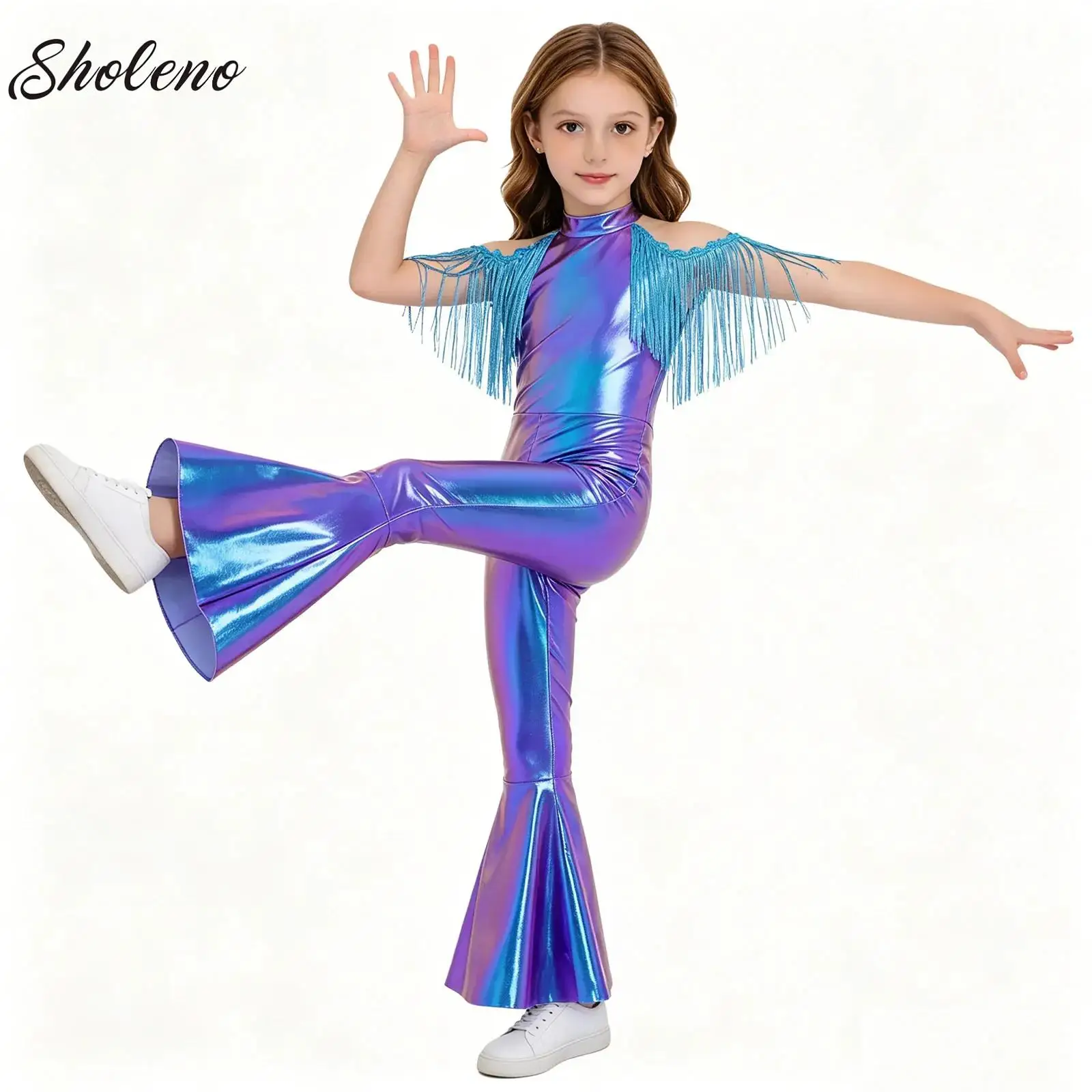 

Children Metallic Shiny 70s 80s Hippie Costume Kids Girls Jazz Disco Modern Latin Dance Jumpsuit Tassels Bell Bottom Bodysuit