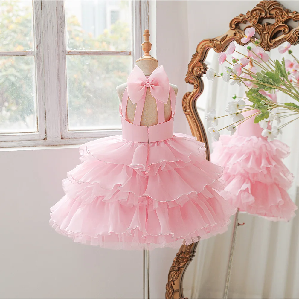 Girls Bow Mesh Layered Dress Ball Gown Elegant Party Dress Princess Skirt for Birthday Host Piano Performance Outfit