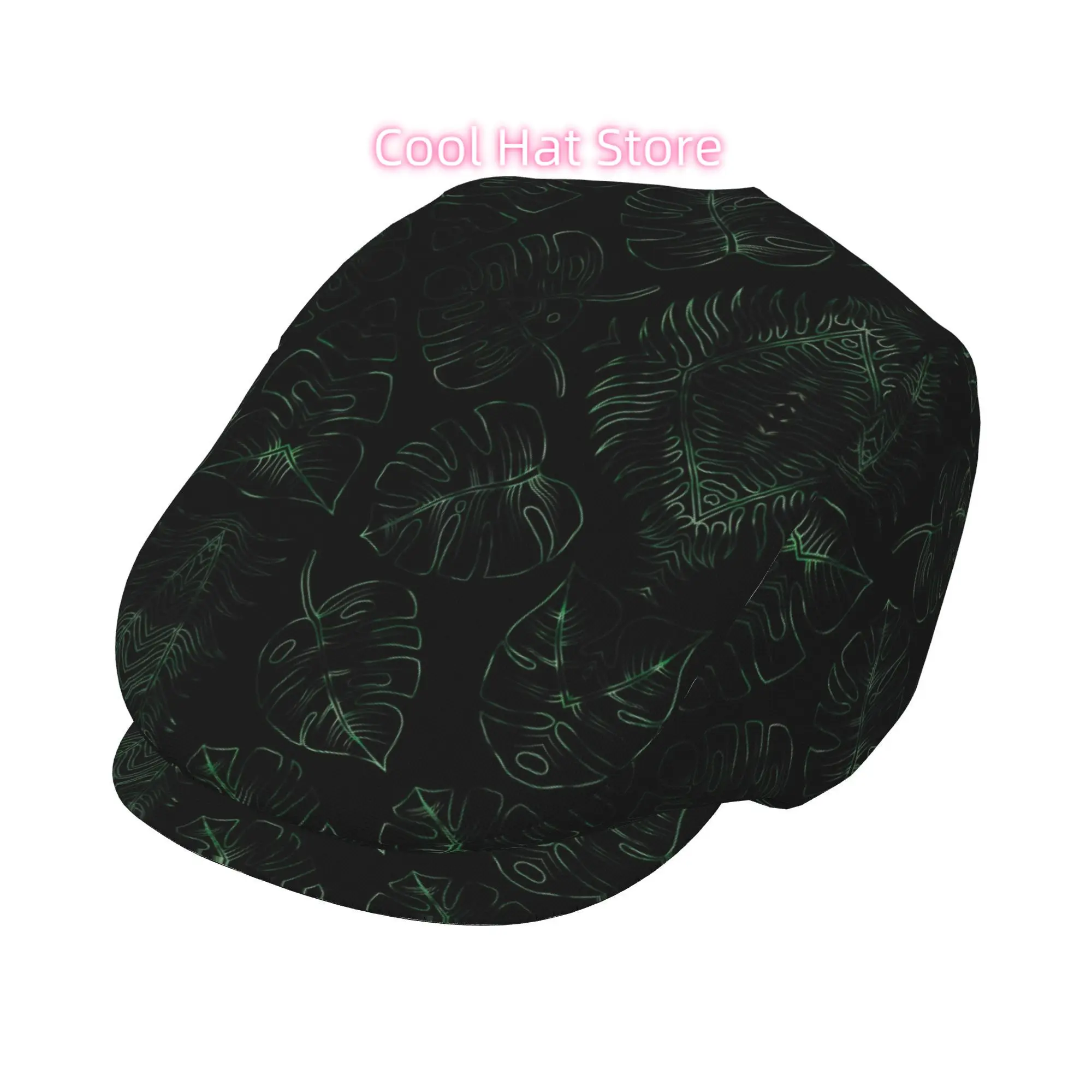 Neon Monstera Line Art on Black Men And Women Flat-Top Cap, Adjustable Beret, Newsboy Cap, Ivy Caps Taxi Driver Caps Irish