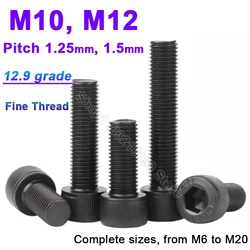 1-5Pcs M10 M12 Black 12.9 Grade Fine Thread Hexagon Hex Socket Cap Head Screws Allen Bolts Pitch 1.25mm 1.5mm DIN912 L=16-100mm