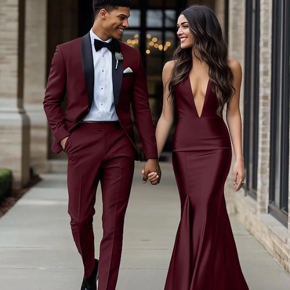 Matching Couple Burgundy Formal Outfit Men's Black Satin Lapel Tuxedo Single Button Jacket+Pants 2Piece Set Classic Banquet Wear