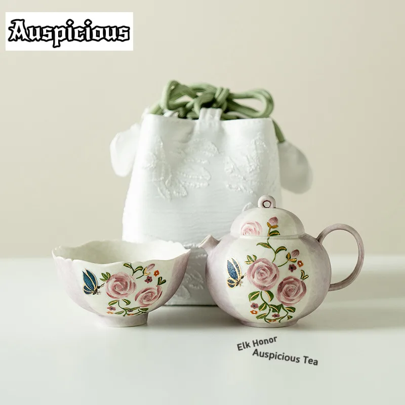 

Pure Hand-painted Butterfly Rose Round Belly Pot Travel Tea Set Kit Japanese 1 Pot 1 Cups Tea Maker Organizer Portable Tote Bag
