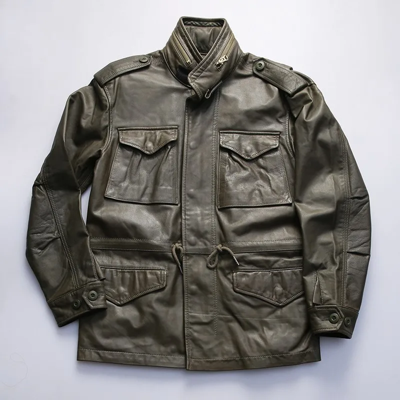 Outdoor casual leather for men stand-up collar multi-pocket cowhide