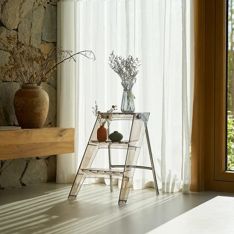 Acrylic Transparent Household Plastic Stepladder Folding Indoor Thickened Herringbone Storage Three-step Ladder 2023 New