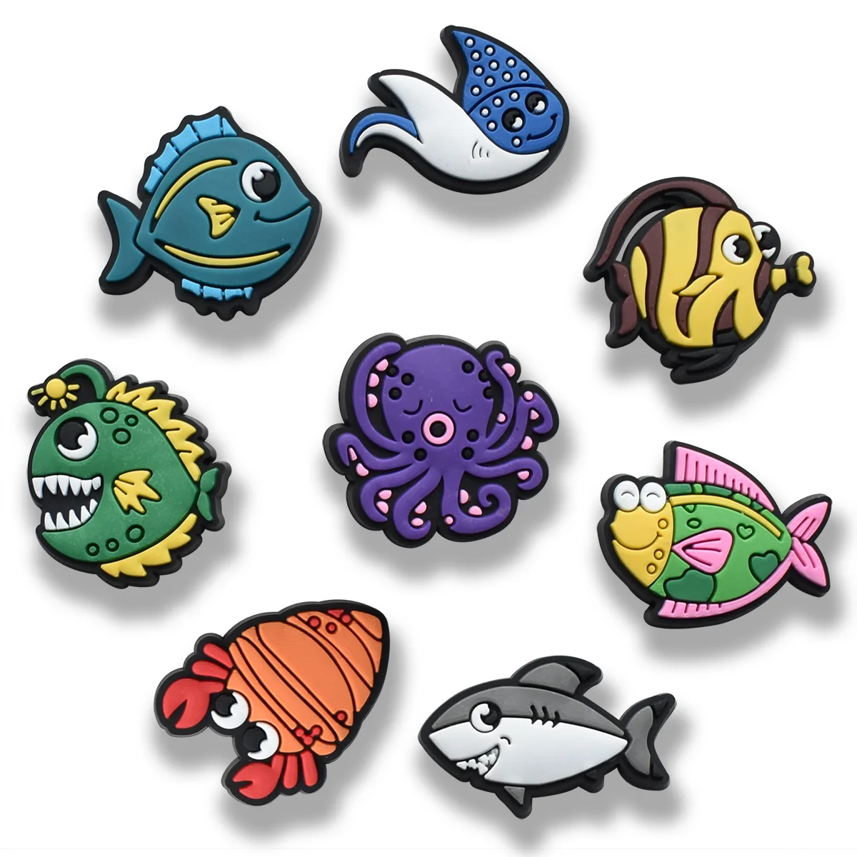 1-8pcs Cartoon Fishes Octopus Series PVC Shoe Charms Accessories Clogs Sandals Shoe Decoration Buckles Beach Bag Pins Kids Gifts