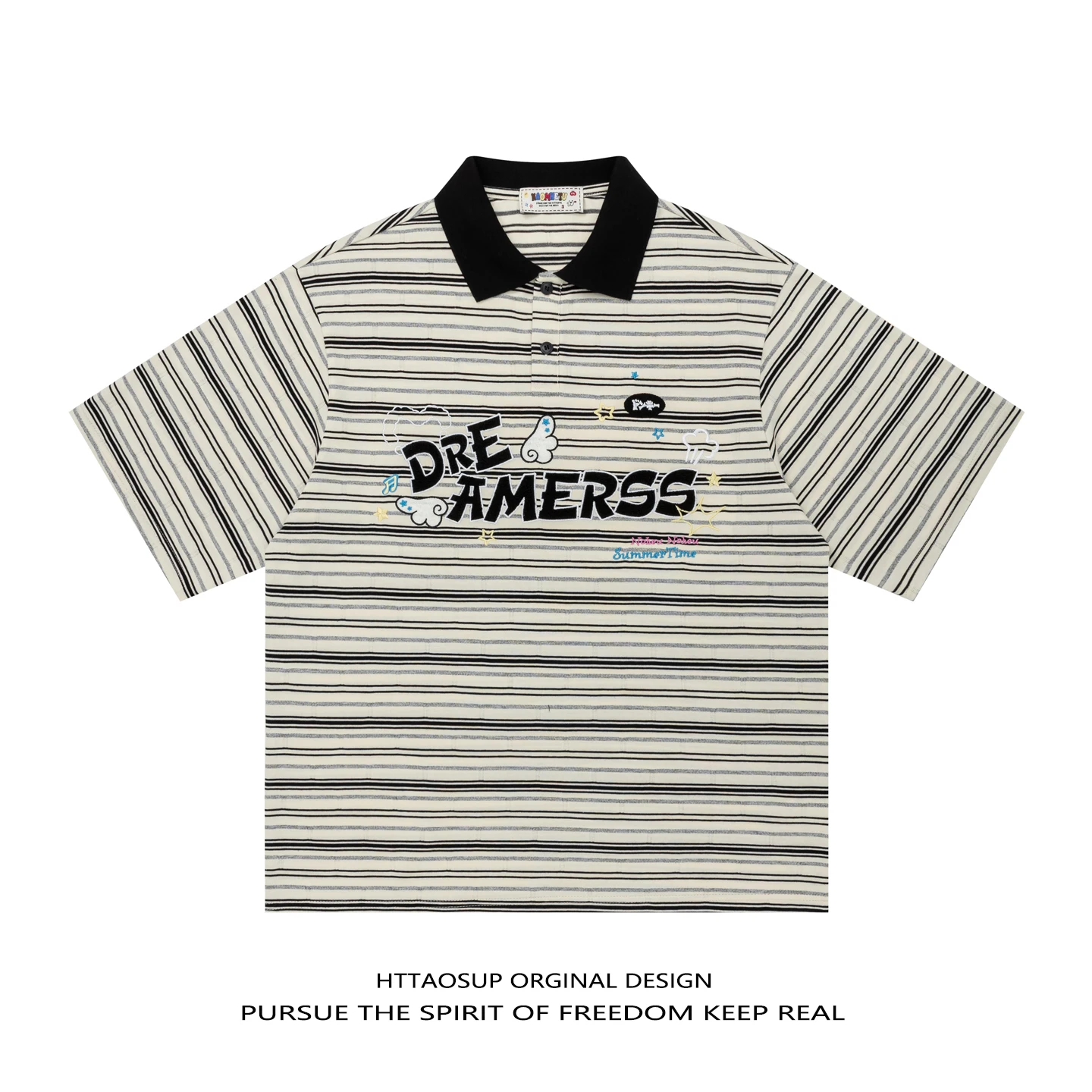 HTTAOSUP American Retro Striped  Shirt Short Sleeve Loose College Style Top for Men And Women Summer New Casual Cotton T-...