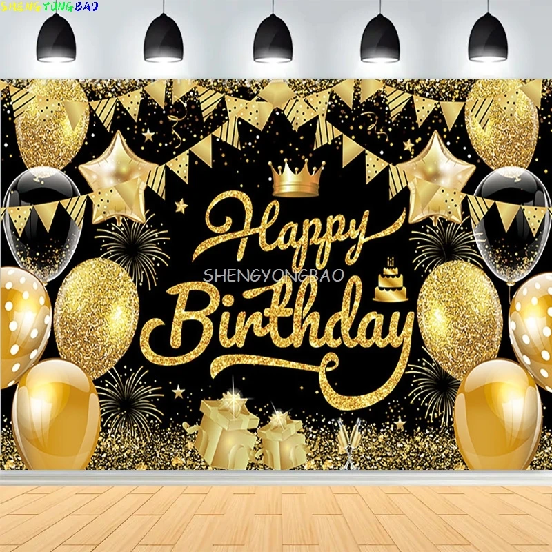 

3D Black Gold Glitter Celebration Happy Birthday Background Balloon Party Decor Gifts Boy Girl Adult Photography Backdrops XN-02