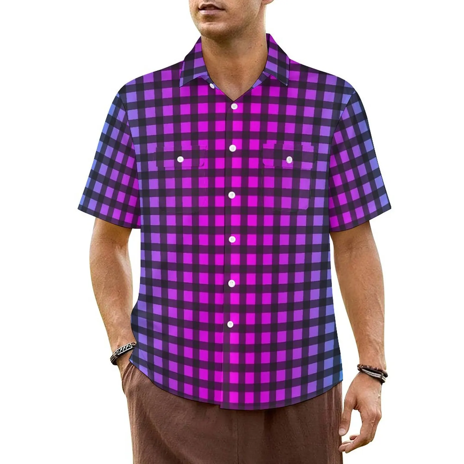 

Purple Blue Gingham Casual Shirt Ombre Print Trendy Hawaiian Shirts Men Short Sleeves Beach Stylish Pattern Oversize Blouses