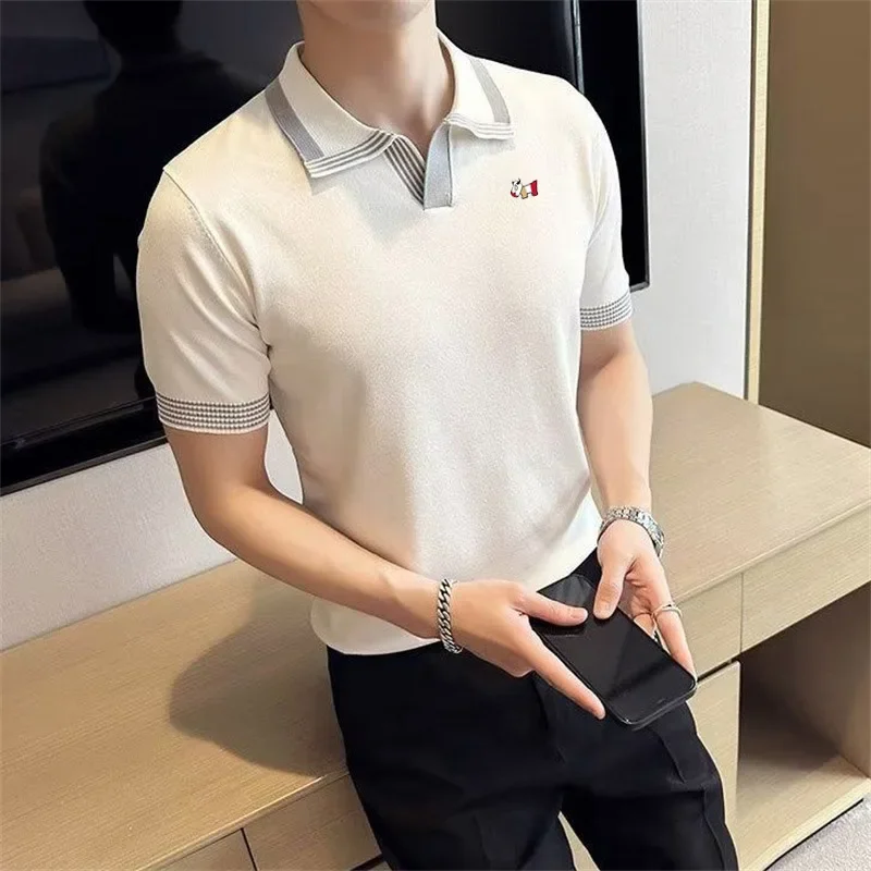 Korea Vintage Golf Short-sleeved T-shirt Men's Polo Shirt Ice Silk Knitted Thin New Business Casual T-shirt Top Golf Clothing