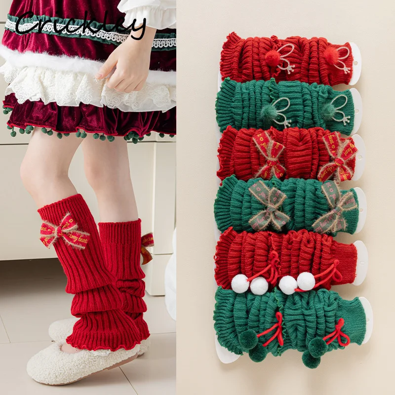 

Christmas Girls Leg Warmers Bow Pom Pom Green Red Children Foot Cover Autumn Winter Knitted Solid Kids Long Socks