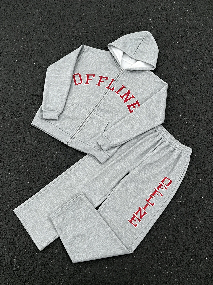 Fashionable Harajuku Casual Classic Loose Straight Leg Pants Set American Retro Trend Zipper Letter Embroidery Hooded Sweatshirt