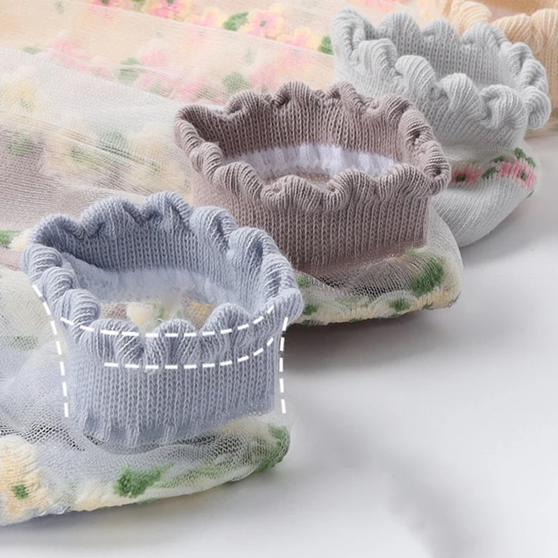 7 Pairs Women Floral Printed Transparent Socks Fashionable Cute Lace Sweat Absorbing Breathable Soft Comfortable Casual Socks image 3