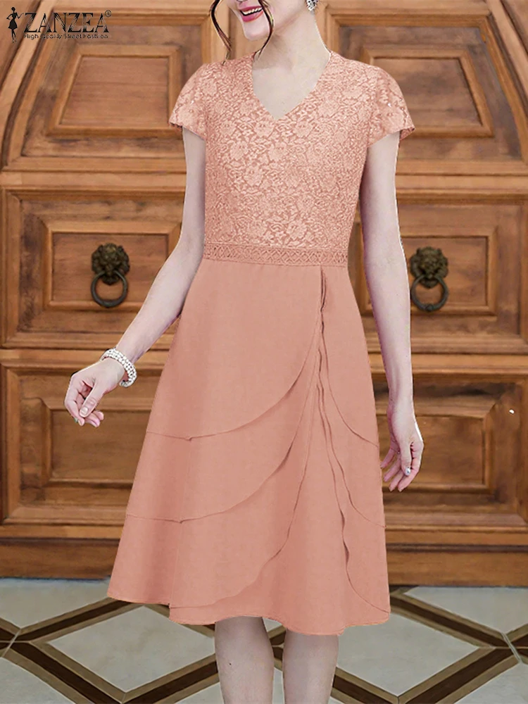 ZANZEA 2025 Elegante V-hals Feestjurk Vrouwen Stijlvolle Kant Patchwork Jurken Korte Mouw Werk Zonnejurk Solid Midi Vestido Gewaad