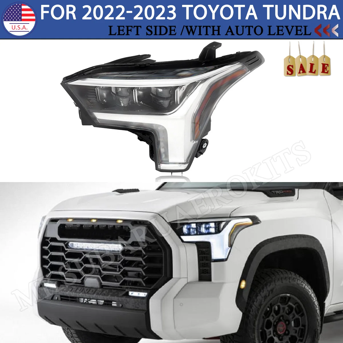 For 2022-2023 Toyota Tundra Headlight LED Type Black w/o Auto Leveling Left and  Right Side