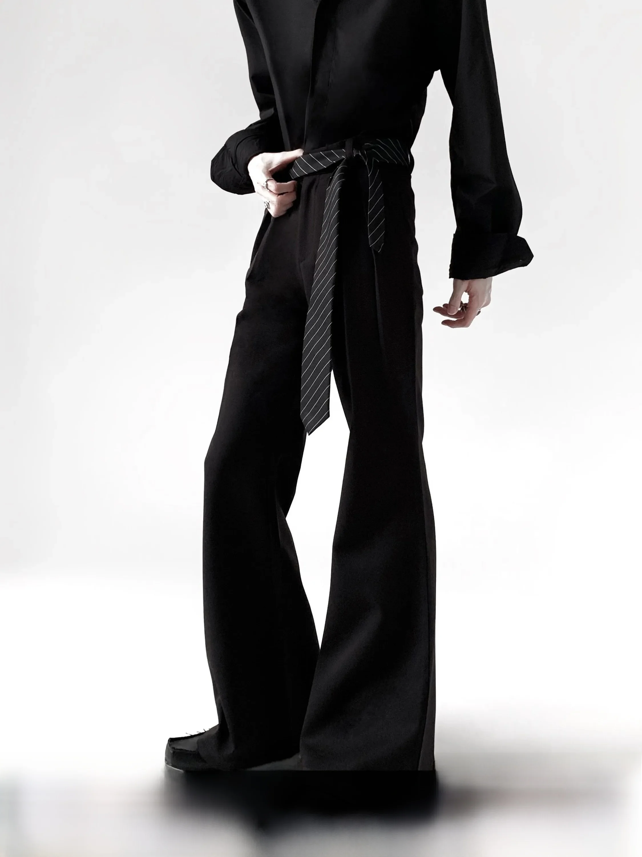 High Intelligence Sensation Men's Trousers Flared Leg Cleanfit Drapey High Waist Casual Pants with Tie Waist Design