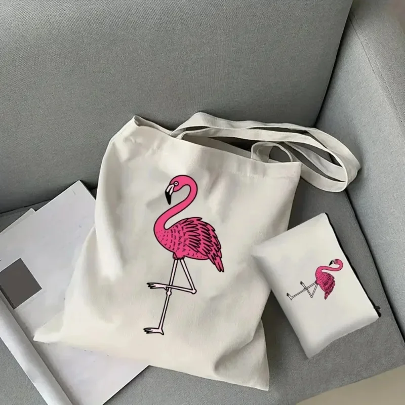 طقم حقيبة يد فلامنغو لمستحضرات التجميل ، حقيبة كتف قماشية ، وصديقة للموضة ، وسعة كبيرة ، حقيبة تسوق محمولة ، حقيبة مدرسية ، الموضة ، 2 * * #1