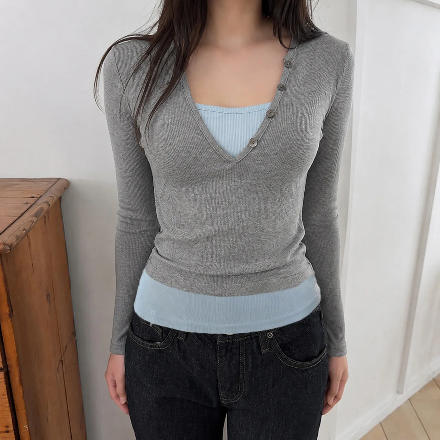 Women's Knit T-Shirt with V-Neck Button Placket Solid Color Design Medium Elasticity Polyester Fabric for Multi-Season Wear