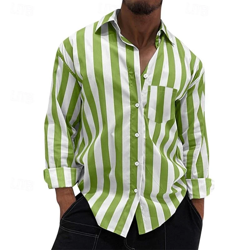 

Men's Shirt Summer Shirt Casual Striped Shirt Black Light Green Pink Long Sleeve Striped Lapel Holiday Button Shirt Clothing