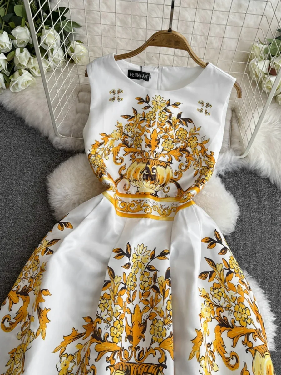 Party Dress Sleeveless Vest Women's New Golden Printed Thin Slim Long Dress Vestidos Elegantes Para Mujer