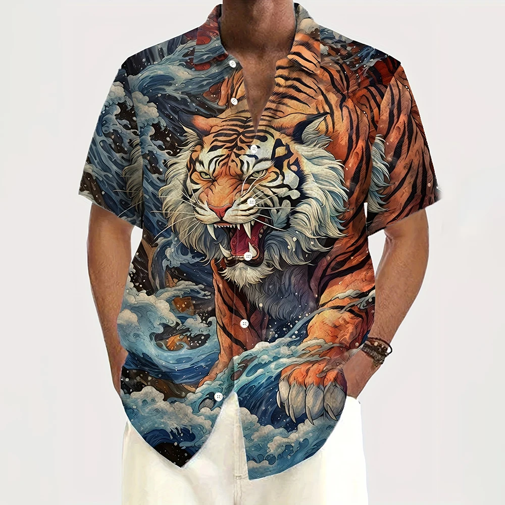 

Summer Shirt Men'S Plus-Size Lapel Button-Up Short-Sleeved Shirt Hawaii Vacation Casual Top Men'S Fashion Tiger Print Shirt