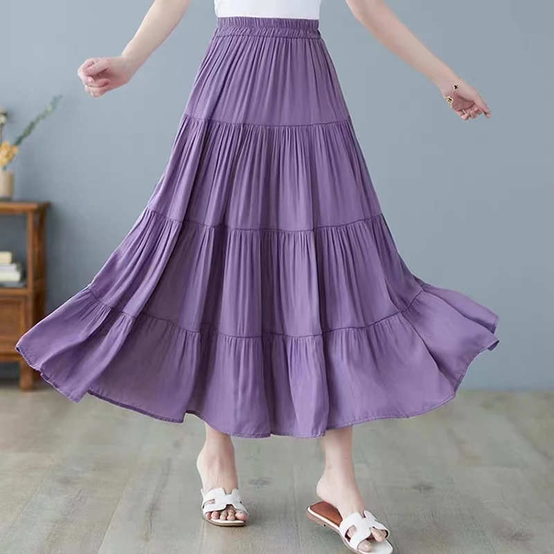 Spring Summer Chiffon Pleated Long Skirts Women CasualElastic High Waisted Ruffled Elegant Ladies A-Line White Party Skirts