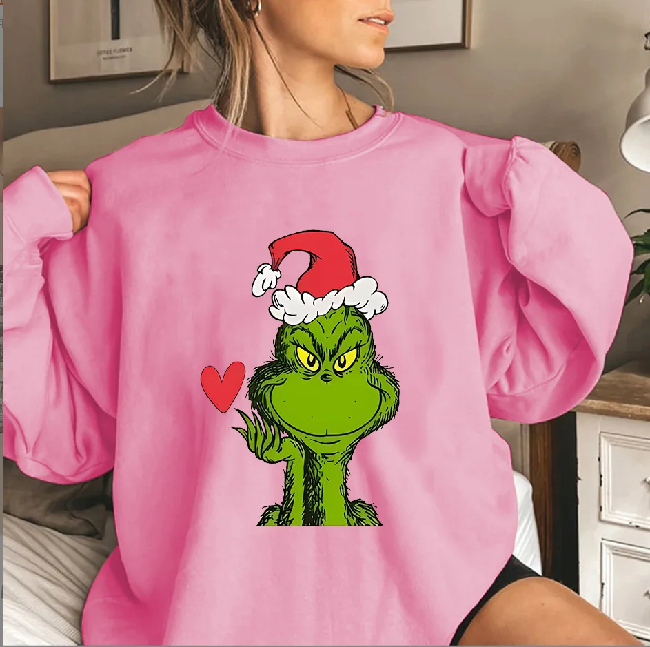 حار بيع الموسم الحجم الأوروبي الأخضر غرينش عيد الميلاد سترة جولة الرقبة المطبوعة قبعة قميص ألياف البوليستر عارضة فضفاض...