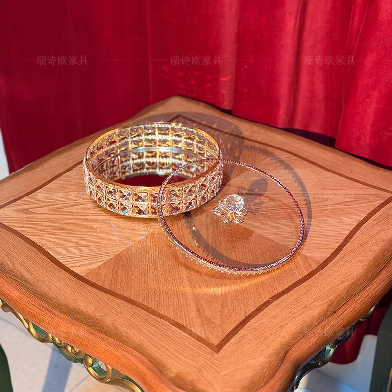 Light luxury crystal rotating fruit plate, glass storage box with lid, high-end snack candy plate in home living room, European