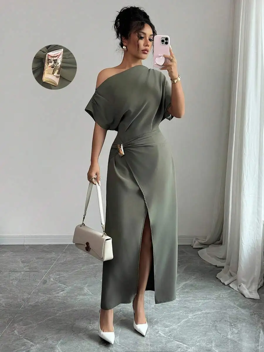 

Women's Olive Green Asymmetrical One-Shoulder Maxi Dress with Side Slit