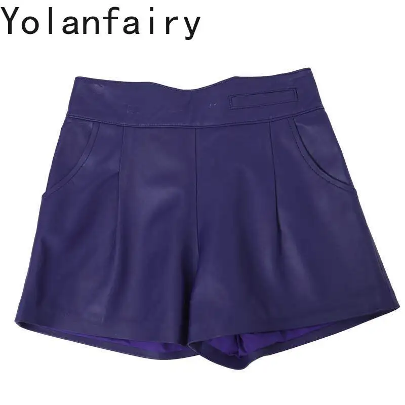 

YOLANFAIRY Fall Genuine Sheepskin Leather Shorts for Ladies Elastic Waist Wide Leg Shorts Women Casual Real Leather Shorts Mujer