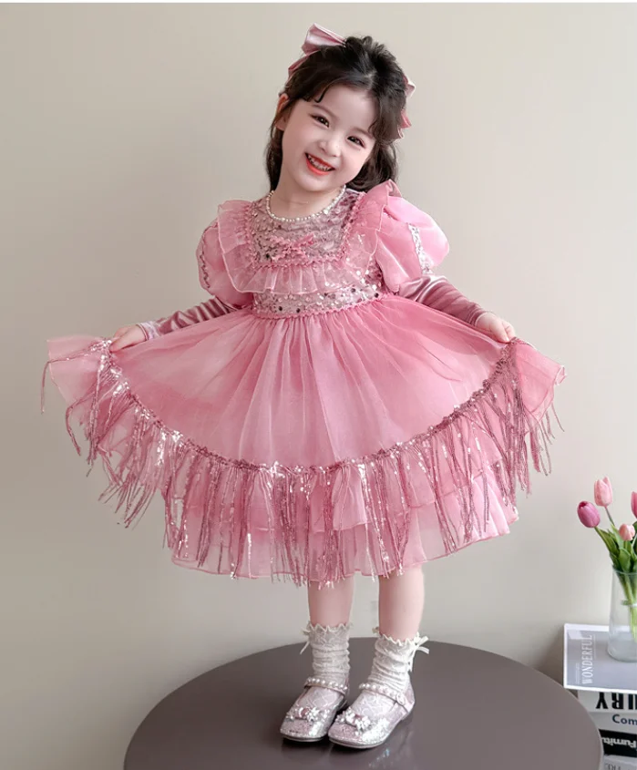 

Новое детское осеннее элегантное розовое велюровое платье с длинными рукавами и блестками, модные детские вечерние платья принцессы, От 2 до 7 лет