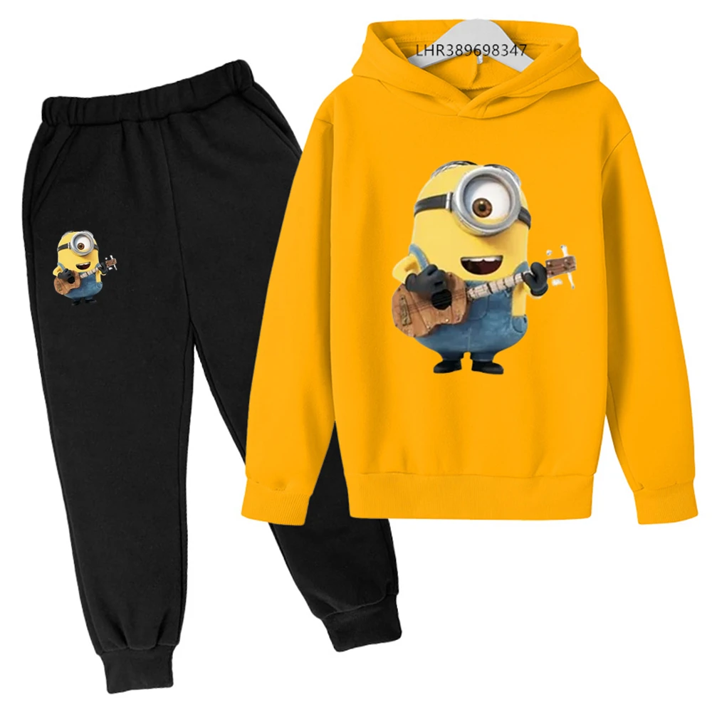 Minions-suéter deportivo de dibujos animados para niño y niña, y pantalones Sudadera con capucha, ropa amarilla para otoño e invierno, 3 a 12 años