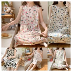 Women's Summer Sexy Nightgown Imitation Cotton Pajamas Long Skirt Spring And Summer Thin Section Cute Printing Princess Style