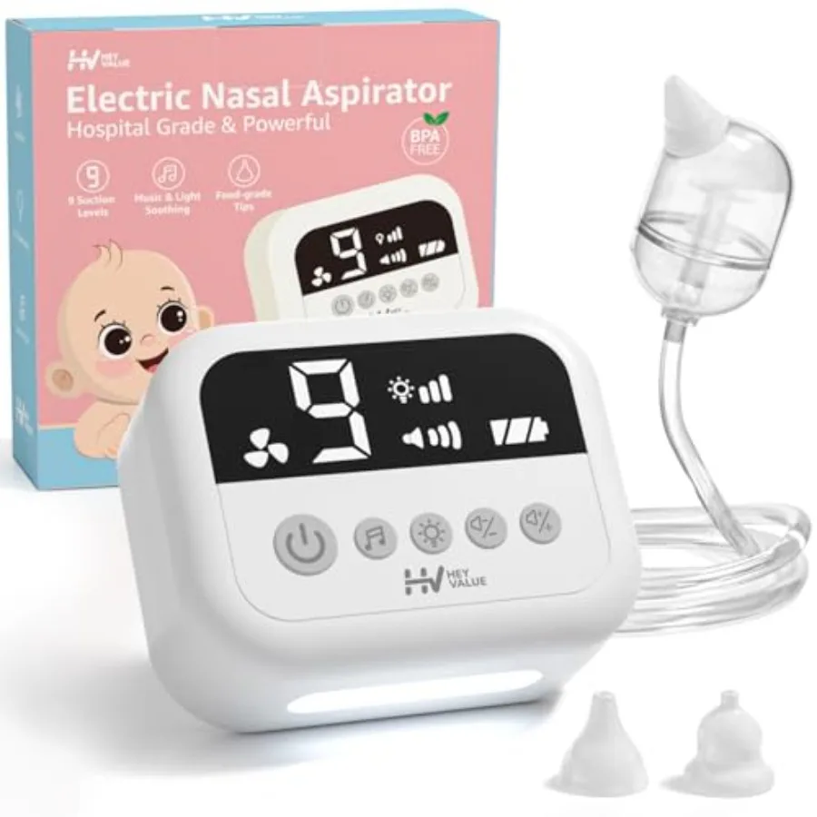 

HEYVALUE Nasal Aspirator for Baby, Hospital Grade Nose Sucker with 9 Levels Suction, Night Light and Nursery Rhyme Soothing Fun