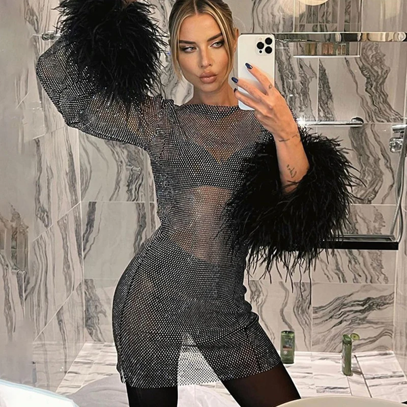 Festival Sexy Loose Sheer Rhinestone Dresses For Women 2023 Fashion Fishnet Mesh Crystal O Neck Feather Long Sleeve Mini Dress