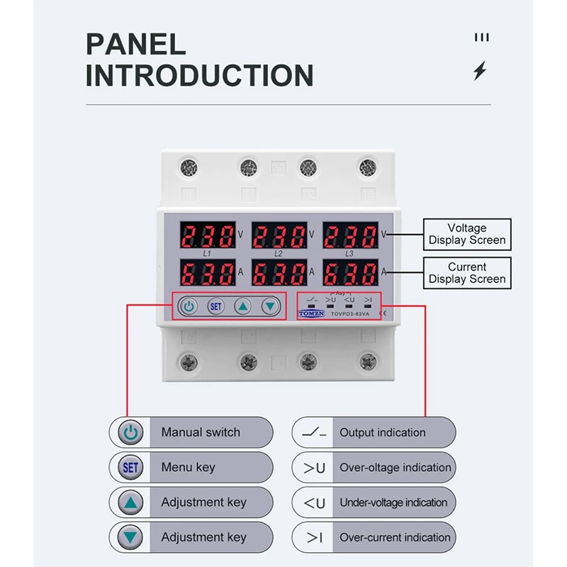 2X Din Rail 3 Phase Voltage Relay 380V Voltmeter Ammeter Over And Under Voltage Monitor Relays Protector Current 63A