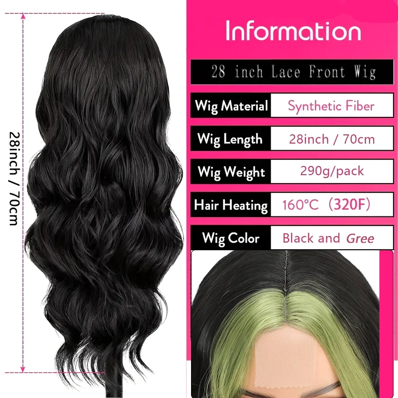 28 inch High Gloss Green Wavy Lace Front Wig, Middle Parted Wavy Synthetic Wig Lace Front Wig