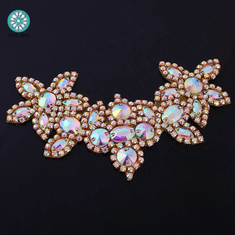 (1PC) Rhinestones bridal silver crystal applique gold beaded patches iron on applique trim AB color for wedding dress WDD0025-S