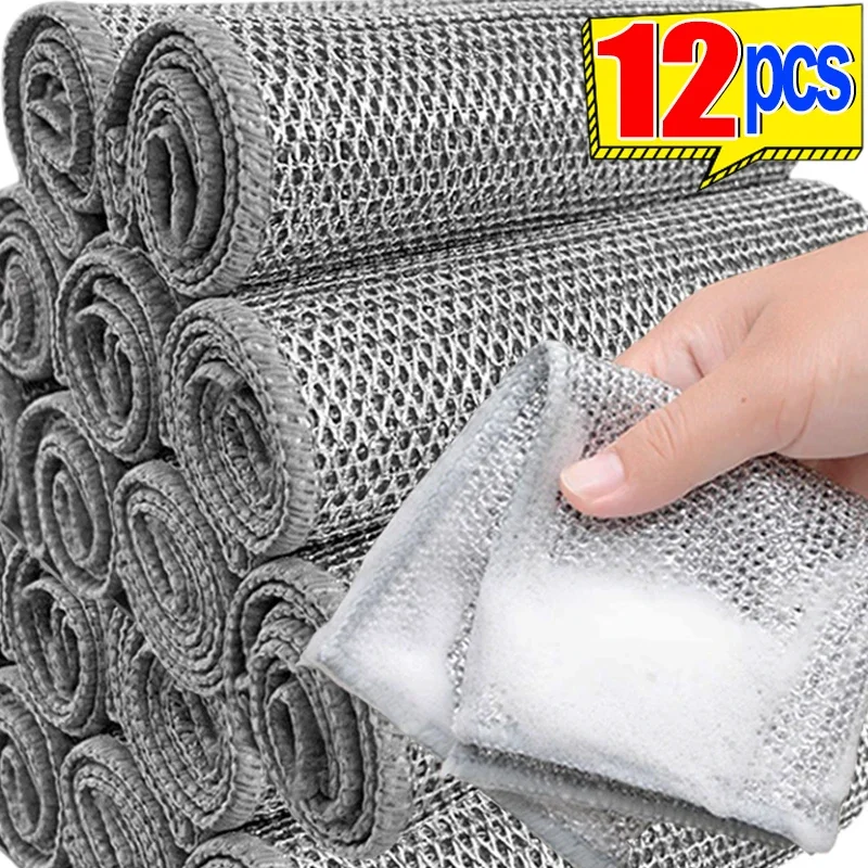 12/1pcs Magic Cleaning Cloth Thickened Double-sided Metal Steel Wire Rags Kitchen Dish Washdishing Cloths Towel Home Clean Tools