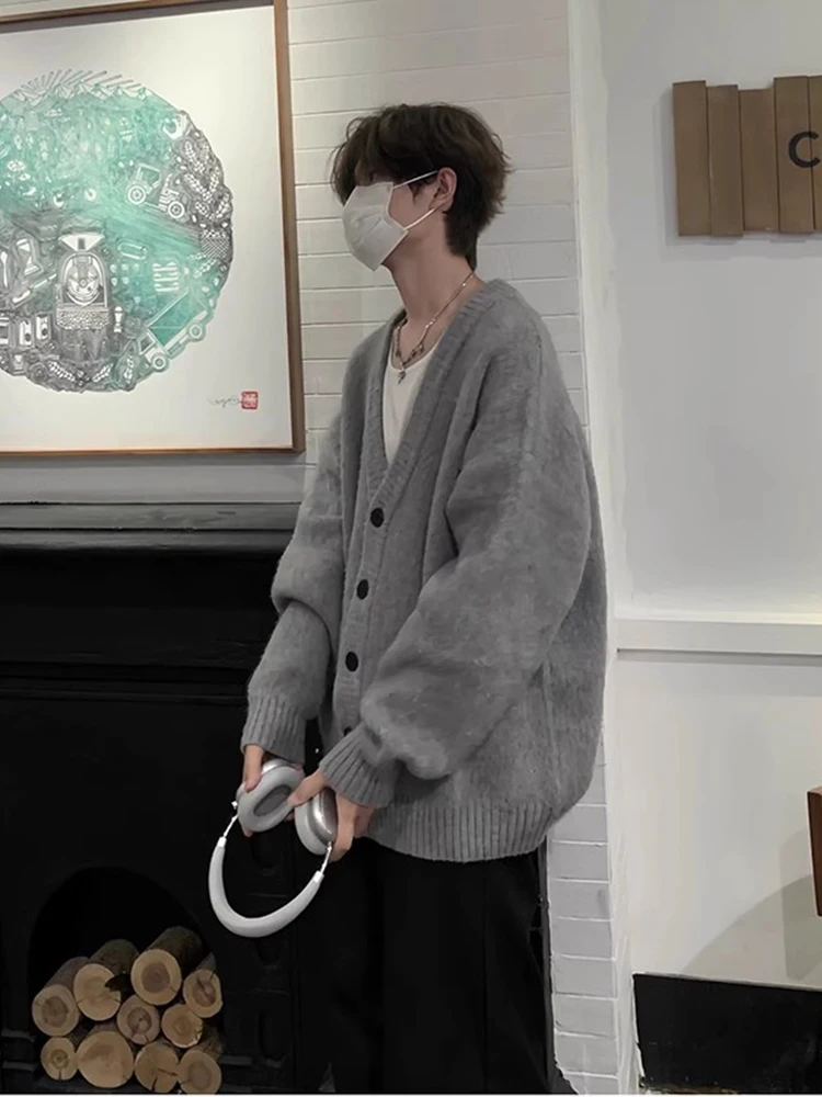 

Мужской вязаный кардиган с V-образным вырезом, весенне-осенний, в американском стиле, повседневный, с длинными рукавами, свободного кроя, модный, в корейском стиле, топ