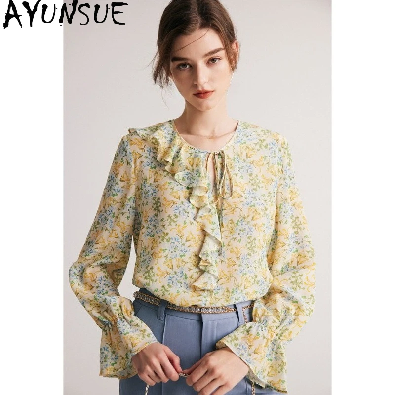 

AYUNSUE Real Mulberry Silk Shirts & Blouses 2025 Woman Clothing Long Sleeves Elegant Shirts French Style Tops 한국인 후기 많은 여성 옷