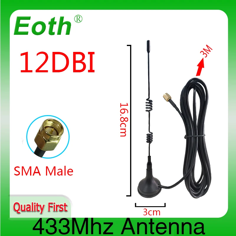 EOTH 1 2 SZT. hurtowo Antena 433MHz SMA męski żeński 12dBi WYSOKIE WZMACNIENIE antena IOT podstawa magnetyczna przyssawka kabel przedłużający 3 metry