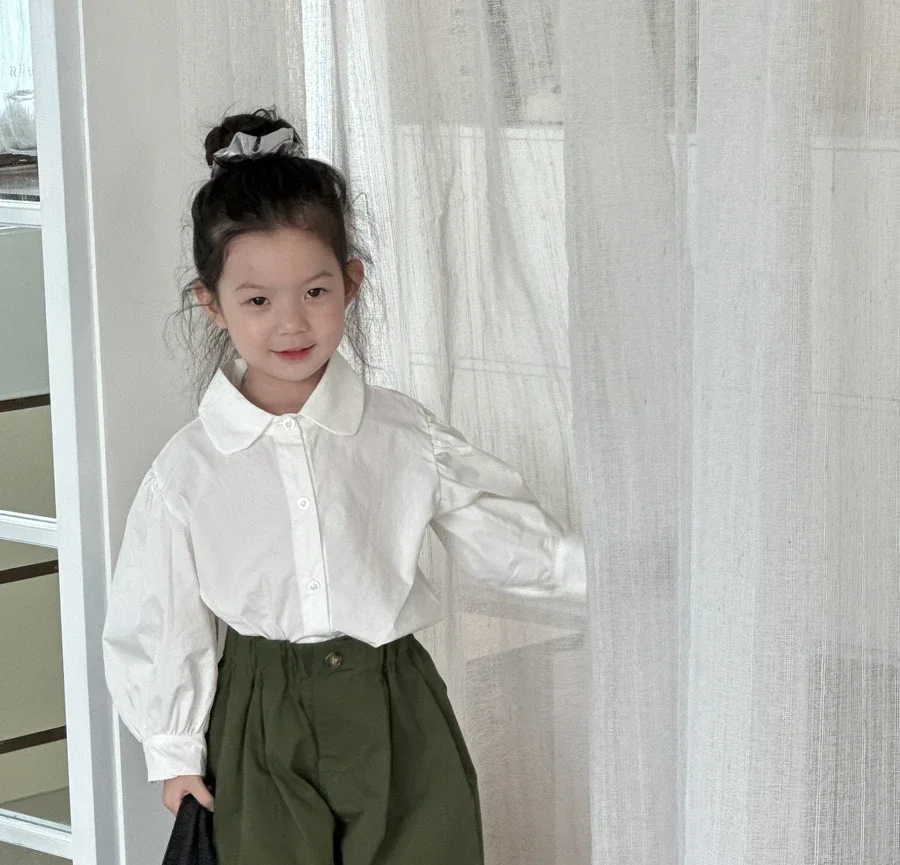 

Blouses Princess Girl Autumn New Shirt Children Puff Sleeve Easy Shirt Childrens Clothing Simple 2024 Turn Down Collar