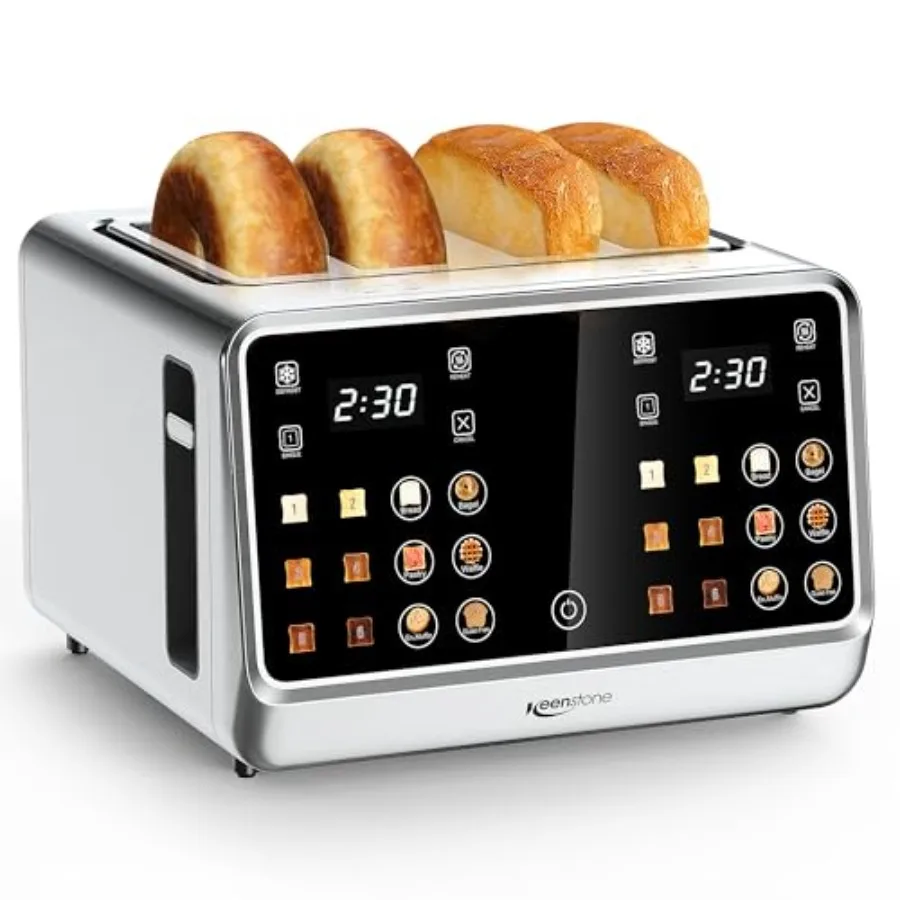 4-Scheiben Digitaler Smart-Toaster mit Touchscreen-Doppelbedienfeld, Einzel-Schlitz, Toast-Timer, Aufwärmen, Auftauen für Bagels, Brot und Weizenbrot