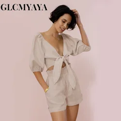 GLCMYAYA Women Fashion Bandage Lantern Sleeve Open Stitch Tee Tops 2023 Pockets Wide Leg Pants Casual Short Sets 2 Piece Set