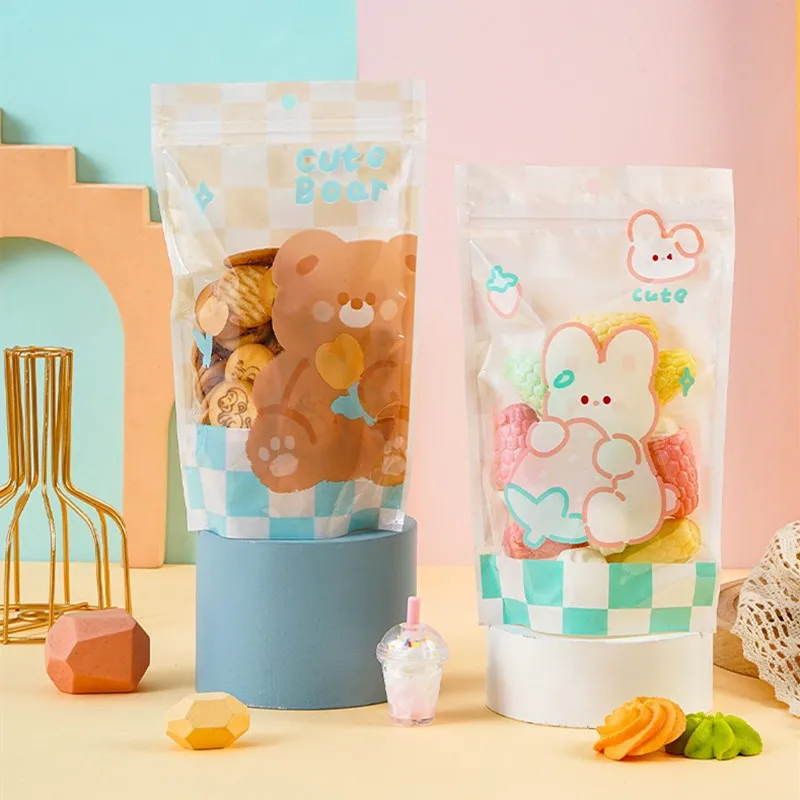 50pcs Cute Rabbit Bear Nougat Candy Plastic Zipper Bags Hand Made Cookie Gift Packaging Self Stand Biscuits Bags Party Supplies