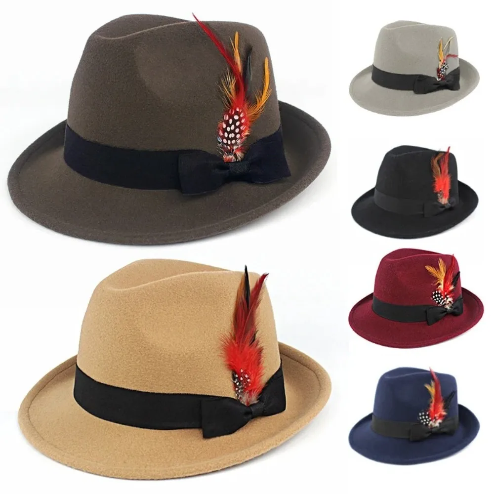 

Imitation woolen Feather Decors Hat Solid Color Wild Brim Jazz Hats Costume Cosplay Cap Large Brim Gentleman